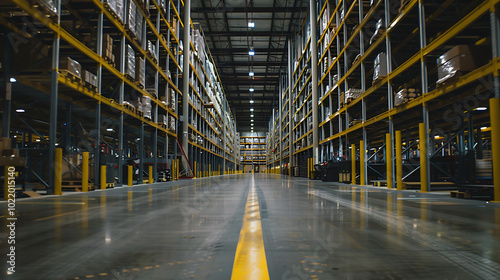 the interior of a large, modern warehouse or industrial facility. The perspective is from ground level, looking down a central aisle flanked by tall, yellow-painted metal columns and shelving units