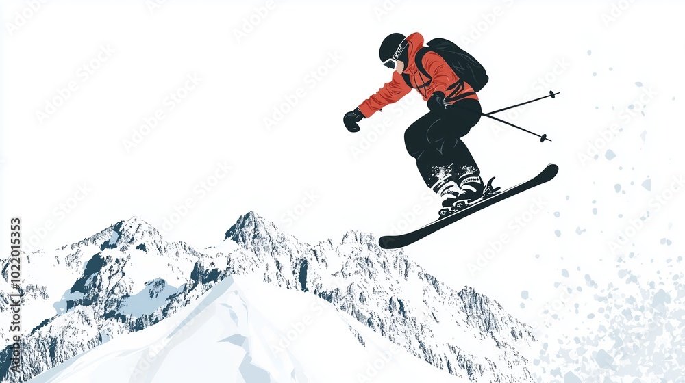  A dynamic illustration of a skier mid-air, executing a high jump against a backdrop of rugged snow-covered mountains. 