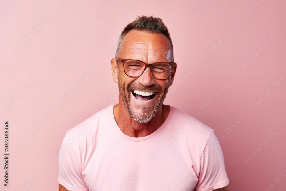 Portrait of a happy senior man with glasses laughing against pink background.