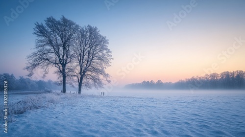 Two bare trees stand silhouetted against a misty, pastel-colored sunrise in a snowy field.