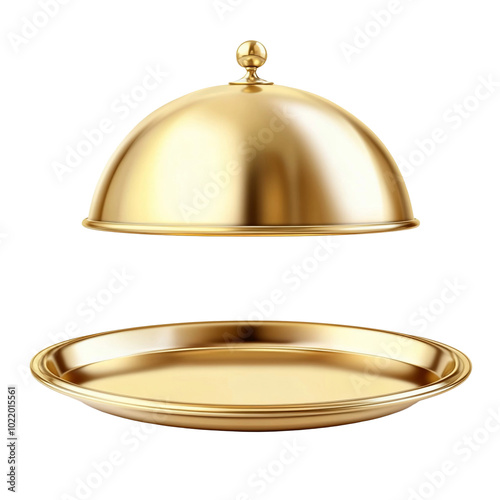 A golden cloche and plate, symbolizing fine dining and service.