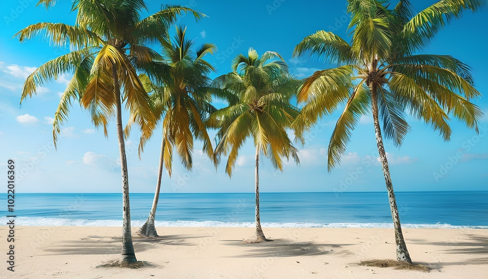 Obraz premium Tropical Paradise: Serene Beach with Palm Trees, Crystal Clear Ocean, and Sunny Skies