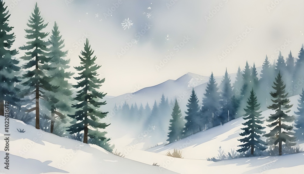 Fototapeta premium Delicate Watercolor Winter Landscapes Featuring Blurred Snowflakes and Pine Trees