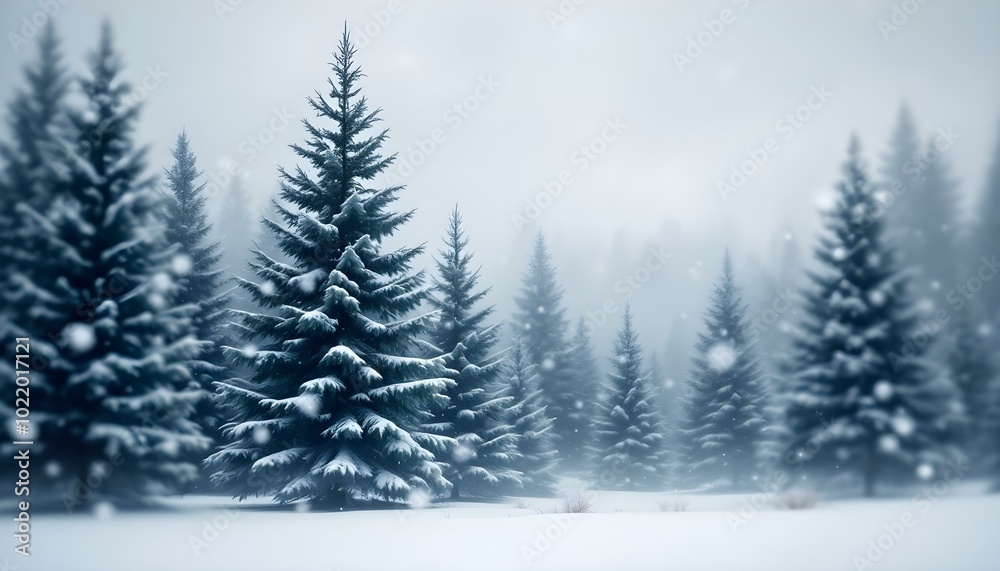 Delicate Watercolor Winter Landscapes with Blurred Snowflakes and Pine Trees Delicate Watercolor Winter Landscapes with Blurred Snowflakes and Pine Trees