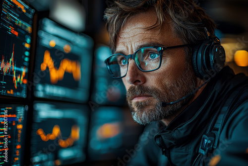 Traders analyzing market data on multiple computer screens, searching for patterns that could influence investment decisions. Concept of finance.