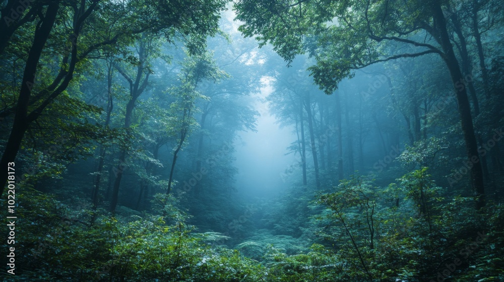 A serene misty forest scene featuring dense green trees and lush foliage, creating a calm and mysterious natural atmosphere A serene misty forest scene featuring dense green trees and lush foliage, creating a calm and mysterious natural atmosphere