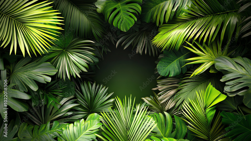 Lush tropical foliage with a vibrant mix of green leaves creating a natural framed backdrop, ideal for nature-themed designs and presentations. Lush tropical foliage with a vibrant mix of green leaves creating a natural framed backdrop, ideal for nature-themed designs and presentations.