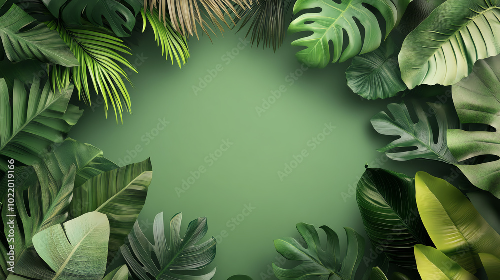 Vibrant green tropical leaves creating a natural frame against a soft green background, perfect for nature-themed designs and environmental projects. Vibrant green tropical leaves creating a natural frame against a soft green background, perfect for nature-themed designs and environmental projects.