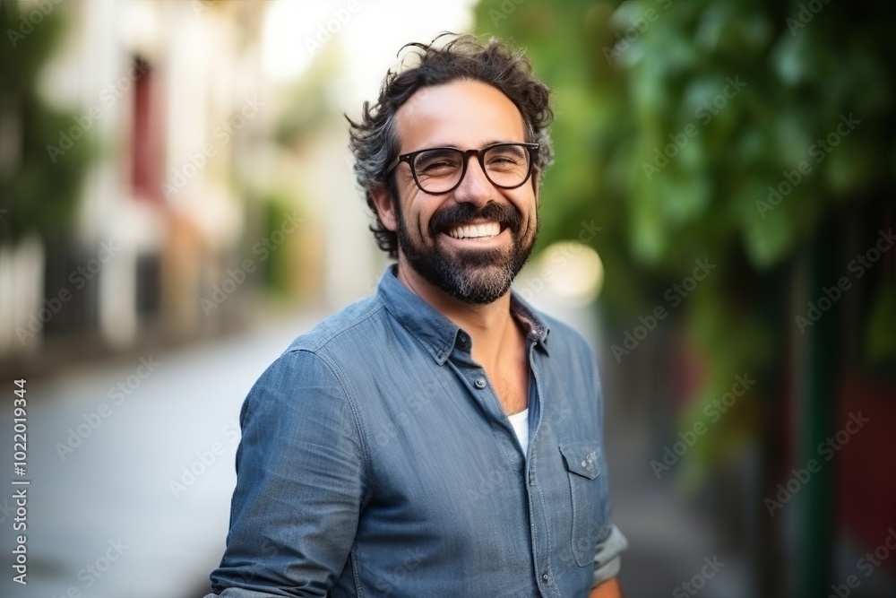 young casual man with beard and eyeglasses smiling in the city young casual man with beard and eyeglasses smiling in the city