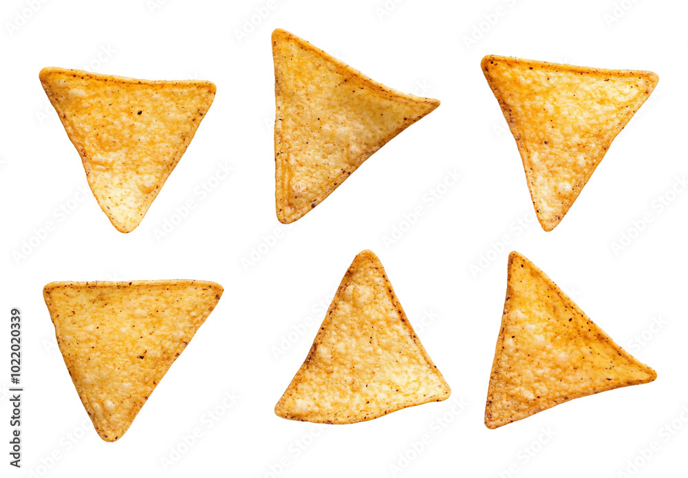 A collection of six triangular tortilla chips arranged neatly. A collection of six triangular tortilla chips arranged neatly.