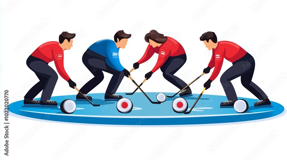 Fototapeta premium A dynamic vector illustration of four players in a competitive ice hockey match. Two teams, represented by blue and red uniforms, are seen engaged in a game on ice.