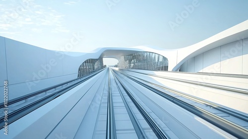 Fototapeta Naklejka Na Ścianę i Meble -  A sleek, modern railway design with white structures and linear tracks extending into the distance under a bright sky.