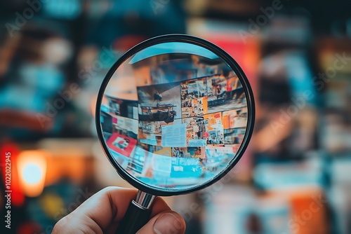 Magnifying glass focusing on colorful blurred background, concept for research, investigation, discovery, and analysis