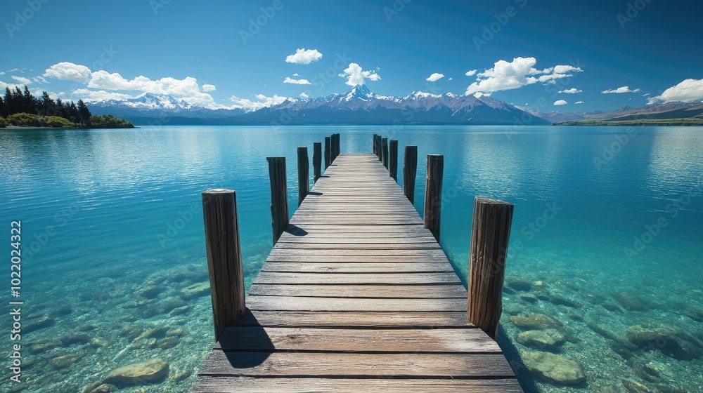 Fototapeta premium Serene Dock at Calm Lake with Mountain View