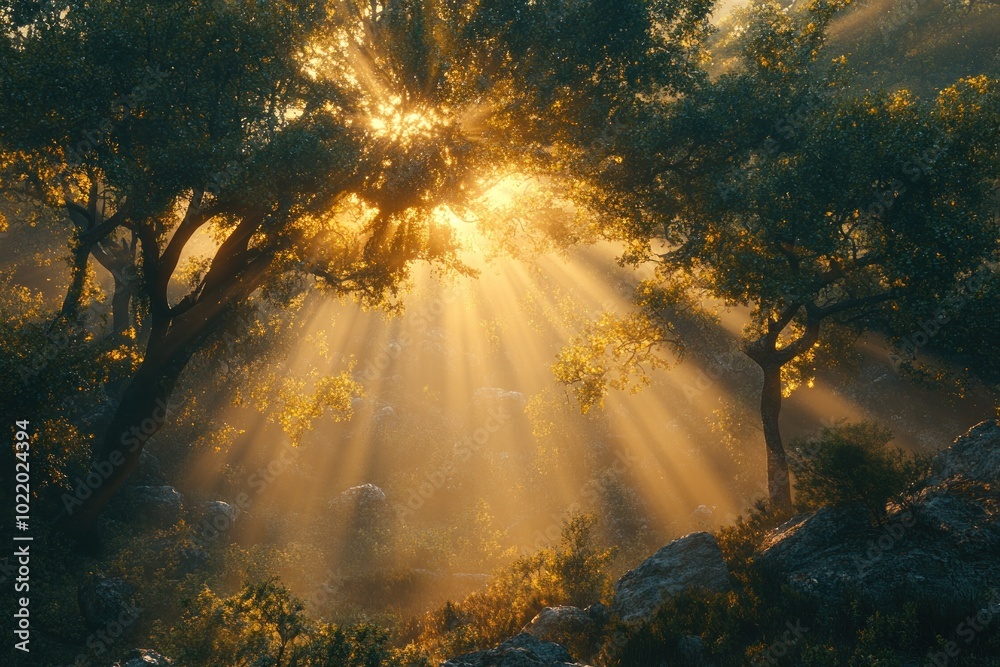 Golden rays of sunlight stream through the branches of trees in a forest, illuminating the misty air and creating a magical atmosphere. Golden rays of sunlight stream through the branches of trees in a forest, illuminating the misty air and creating a magical atmosphere.