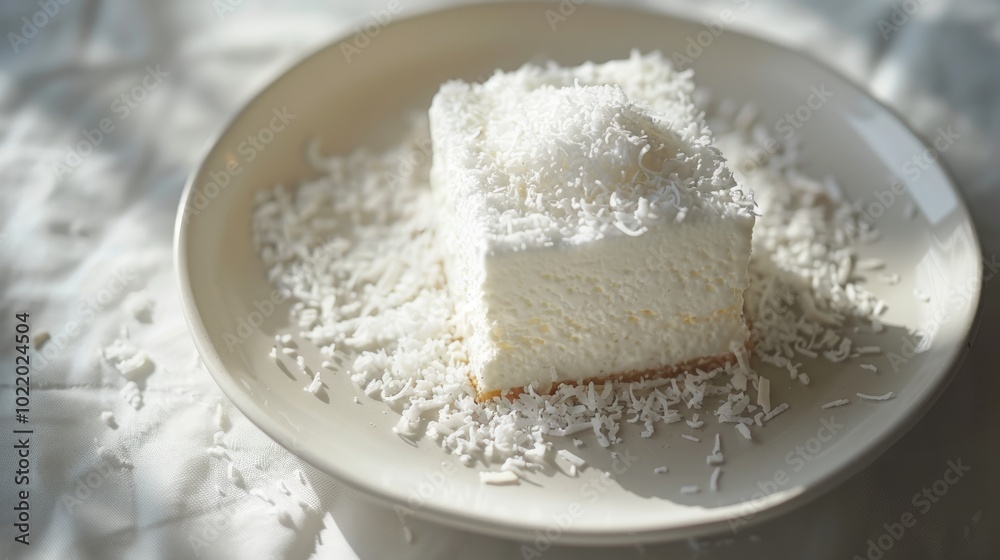 Coconut Flake Milk Cake on White Plate with Minimalist Background Coconut Flake Milk Cake on White Plate with Minimalist Background