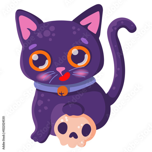 A cute cartoon cat holds a skull in its paws, on a white background. Vector illustration for Halloween