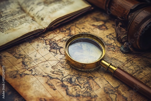 Vintage magnifying glass on old world map. Discovery, exploration, and adventure concept.