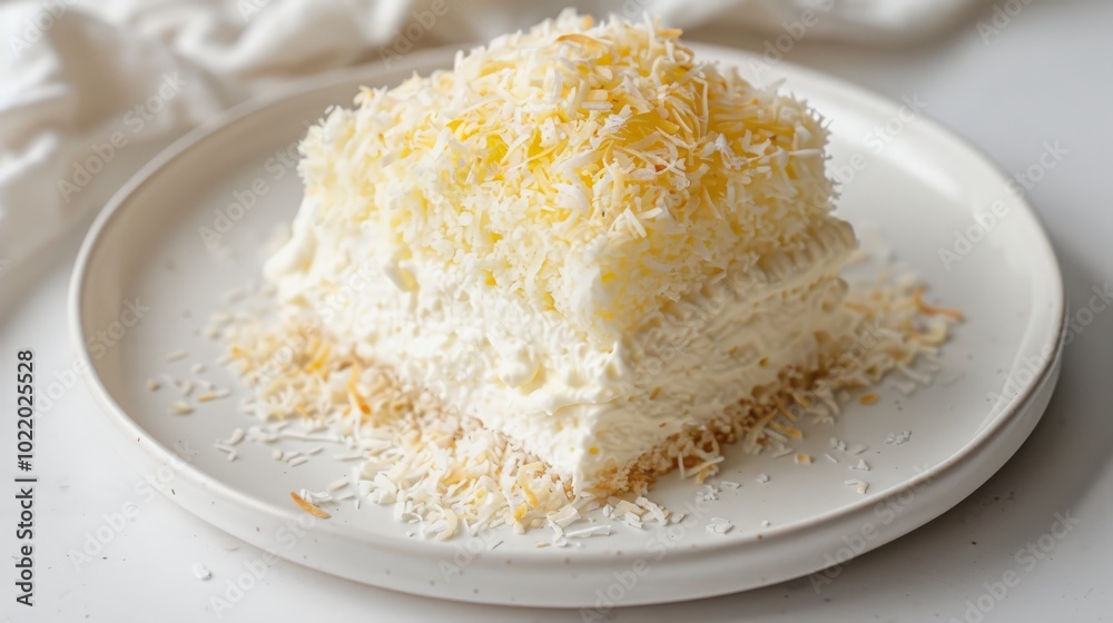 Coconut Flake Milk Cake on White Plate with Minimalist Background 