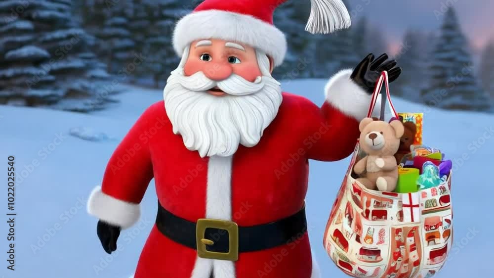 
3d santa claus running with a bag of gifts in the snow