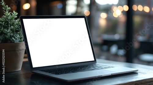 Laptop with blank screen on a wooden table in a cafe.