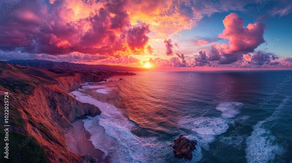 A breathtaking panorama of a fiery sunset over the ocean, with rolling hills and a rocky coastline in the foreground. A breathtaking panorama of a fiery sunset over the ocean, with rolling hills and a rocky coastline in the foreground.