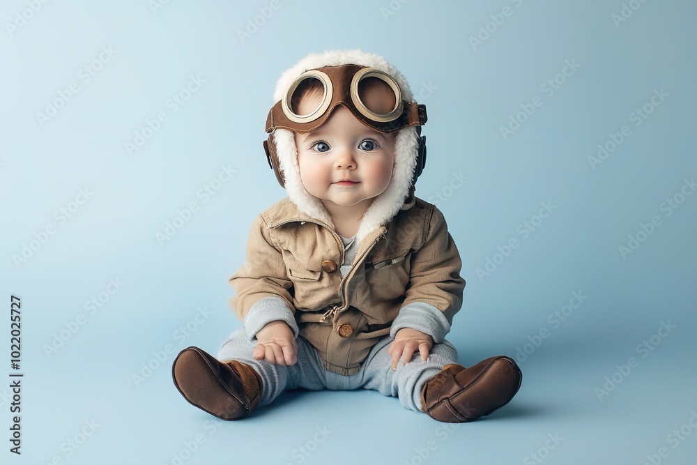 cute baby in pilot costume with glasses and jacket sitting on light blue background cute baby in pilot costume with glasses and jacket sitting on light blue background