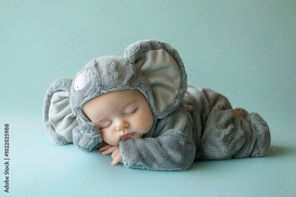 adorable baby in grey elephant pajamas sleeping on light blue background adorable baby in grey elephant pajamas sleeping on light blue background
