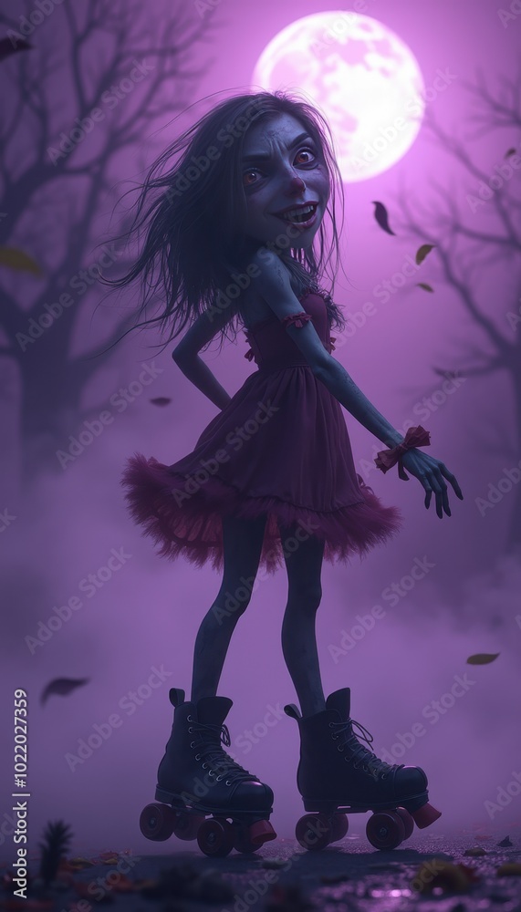 goofy girl zombie with roller skates and a crooked smile, set against a spooky purple fog under an eerie, pale moon. goofy girl zombie with roller skates and a crooked smile, set against a spooky purple fog under an eerie, pale moon.