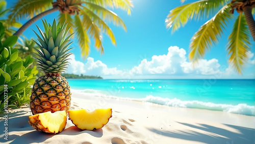 Close up of under blue sky, pineapple on the beach landscape, wallpaper, poster photo