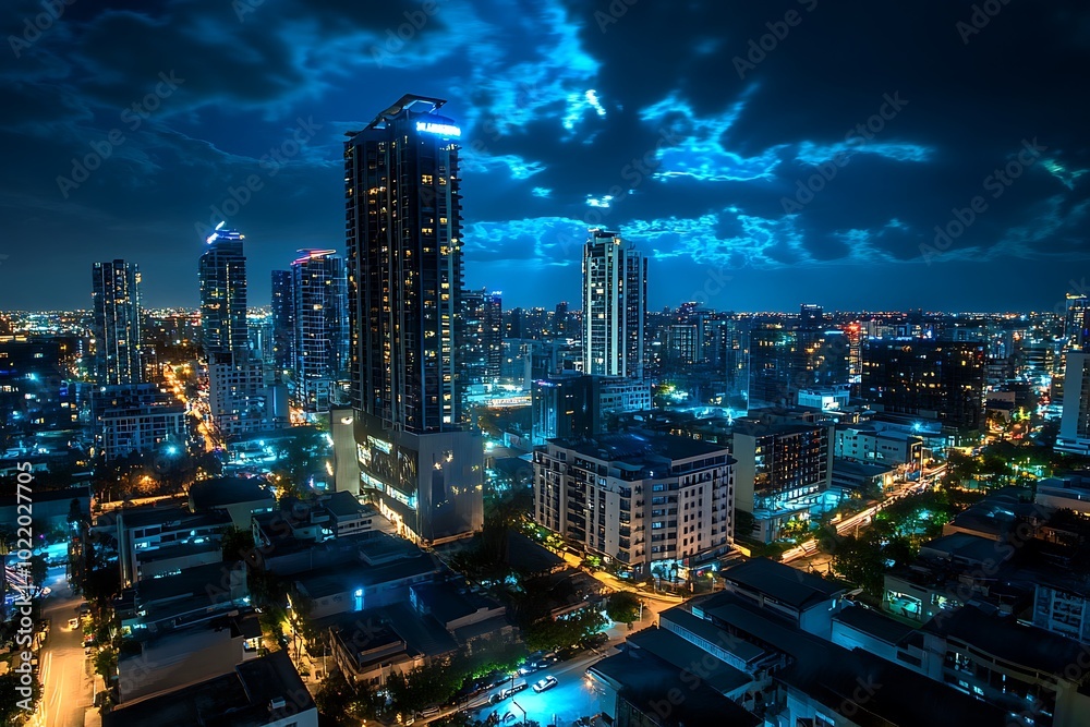 Obraz premium Night Cityscape with Skyscrapers and Blue Sky