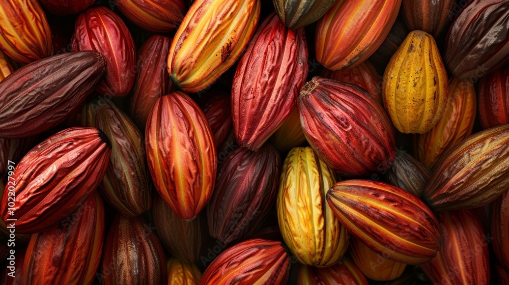 Close up of cocoa fruit background, top view. Photorealistic high resolution macro photography for advertising or food design Close up of cocoa fruit background, top view. Photorealistic high resolution macro photography for advertising or food design