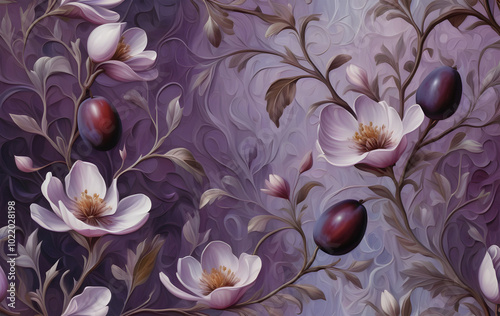 Texture: oil painting featuring a floral pattern with smooth transitions between italian plum and secret spaces, blossoms and plums, Germany. Version 4