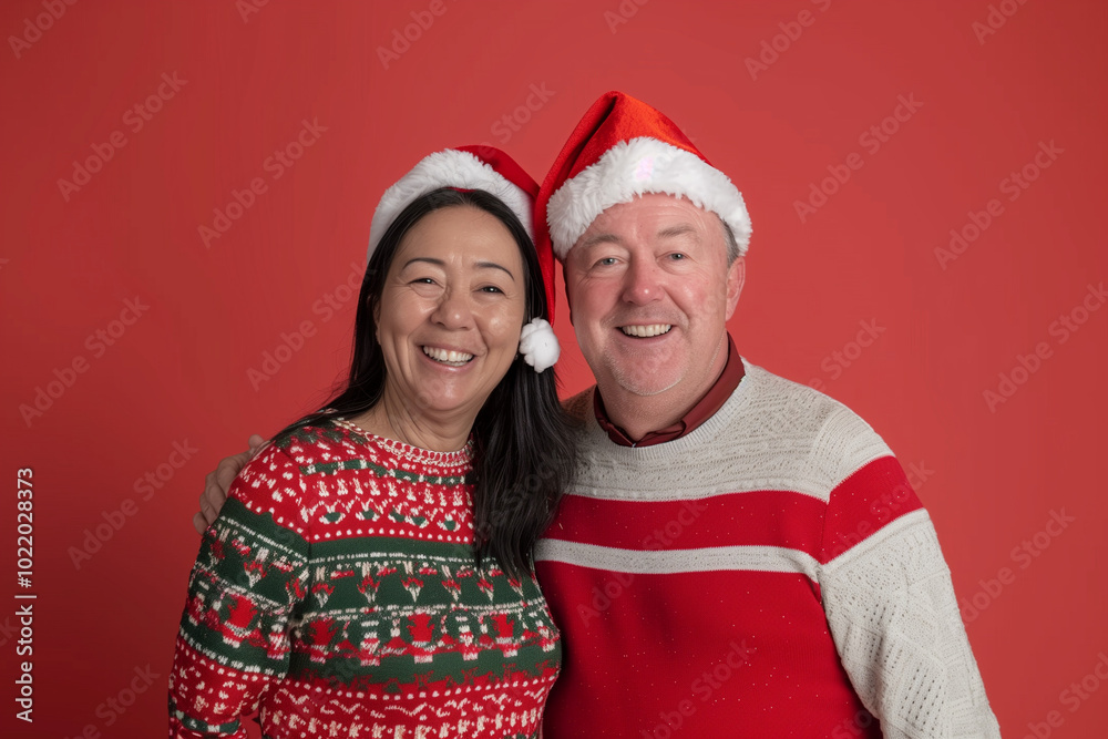 Couple Celebrating Christmas in Festive Knitted Sweaters and Santa Claus Hats with Joyful Smiles on Blank Background Couple Celebrating Christmas in Festive Knitted Sweaters and Santa Claus Hats with Joyful Smiles on Blank Background