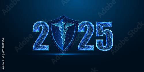 Helath care and medicine abstract 2025 Happy New Year digital web banner. Futuristic greeting card 