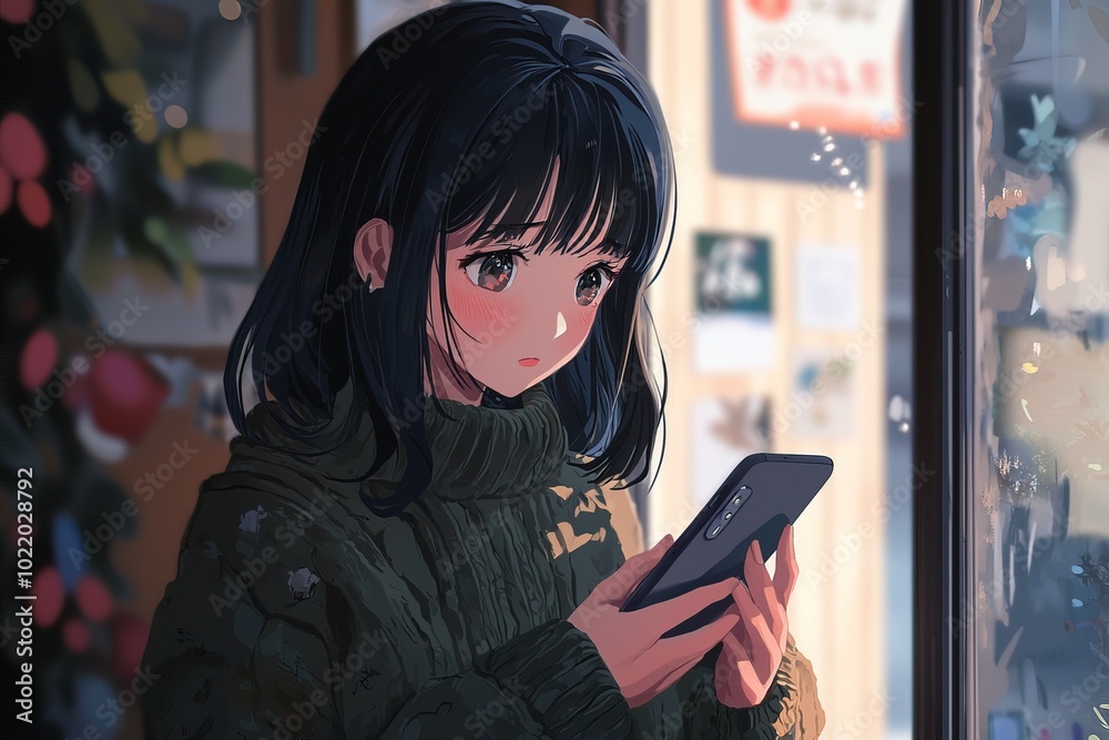 portrait cute anime girl with black hair looking at smartphone at home portrait cute anime girl with black hair looking at smartphone at home