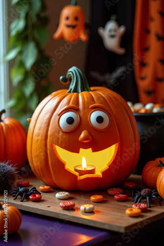 A bright orange pumpkin features a smiling face with a candle inside, surrounded by Halloween decorations and candy. The festive setting evokes a fun Halloween spirit - Generative AI