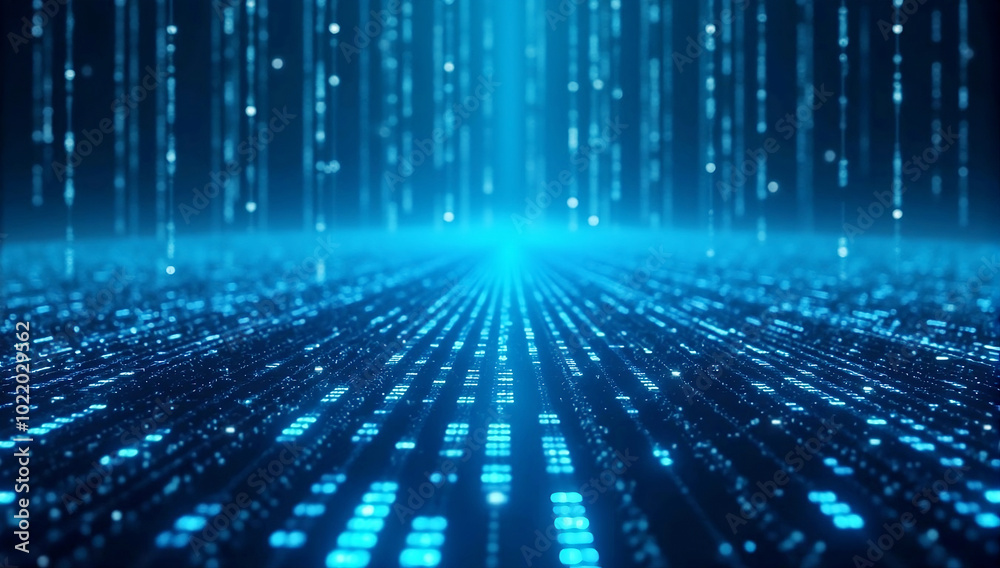 Binary code matrix background, perspective view with depth of field, technology futuristic blue backgrounds Binary code matrix background, perspective view with depth of field, technology futuristic blue backgrounds