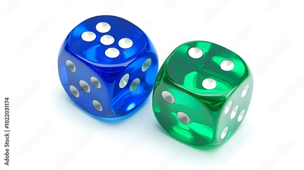Two translucent dice, one blue and one green, on a white background. Two translucent dice, one blue and one green, on a white background.