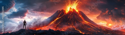 A solitary figure stands before an erupting volcano, showcasing the raw power of nature and the awe-inspiring force of volcanic activity.