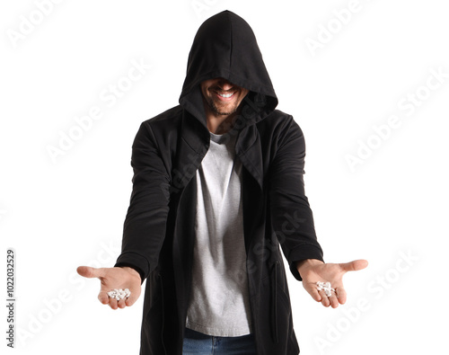 Male drug addict with pills...