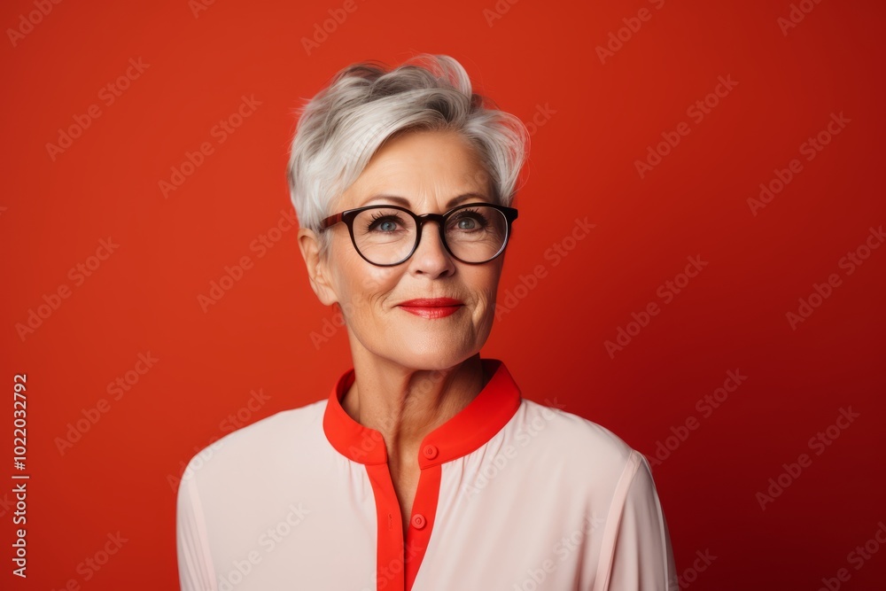 Portrait of smiling senior woman in eyeglasses on red background Portrait of smiling senior woman in eyeglasses on red background