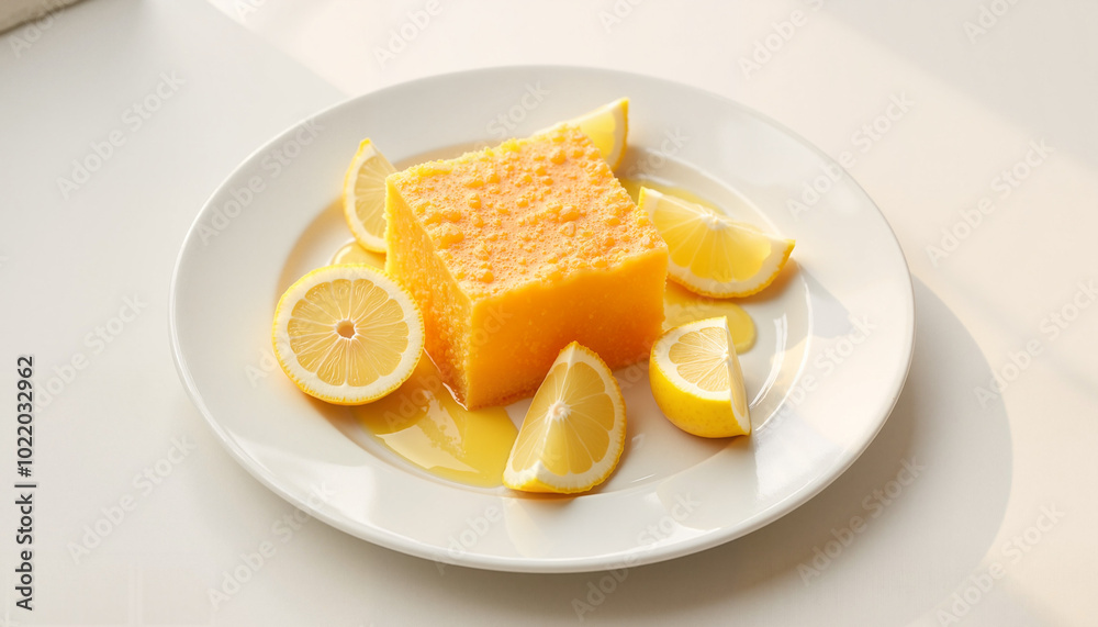 Honeycomb dessert slice with lemon wedges on plate, drizzled with honey, on light background Honeycomb dessert slice with lemon wedges on plate, drizzled with honey, on light background