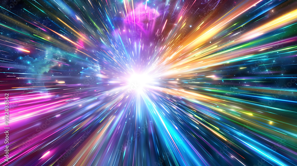 a vibrant, dynamic scene with multicolored light streaks converging towards a bright central point a vibrant, dynamic scene with multicolored light streaks converging towards a bright central point