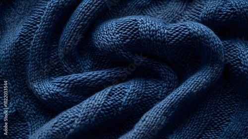 Texture of smooth knitted blue sweater with pattern. Flat lay style, close-up.