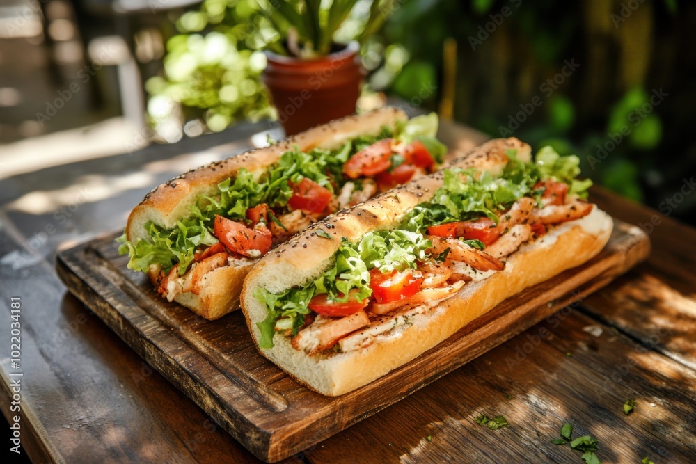 Fresh Grilled Chicken Sandwiches with Lettuce and Tomato on a Wooden Board Outdoors Fresh Grilled Chicken Sandwiches with Lettuce and Tomato on a Wooden Board Outdoors
