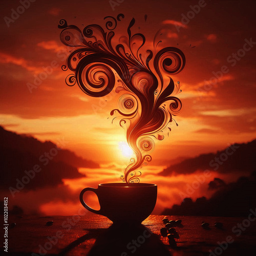 Colorful Artistic Coffee Cup with Swirling Steam Forming a Face and Decorative Floral Patterns