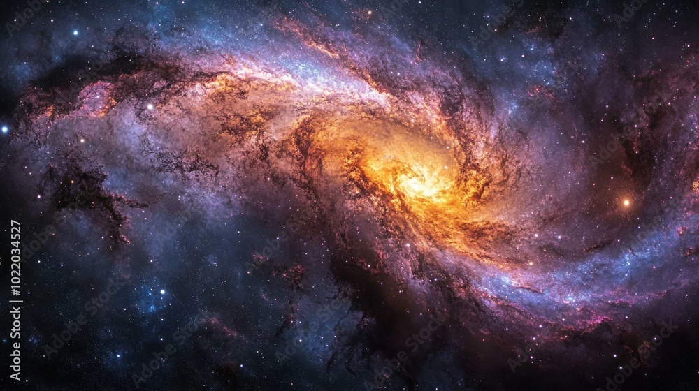 Fototapeta premium A vibrant spiral galaxy with swirling arms of gas and dust, illuminated by a bright core.