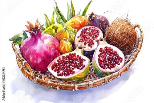 Exotic Fruit Basket With Pomegranate Coconut And Colorful Tropical Varieties Display photo