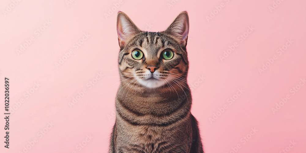 Obraz premium Cool tabby cat on a plain pink background, free space for text, sale. Cool realistic ad. Domestic animal services promotion. Cool tabby cat on a plain pink background, free space for text, sale.